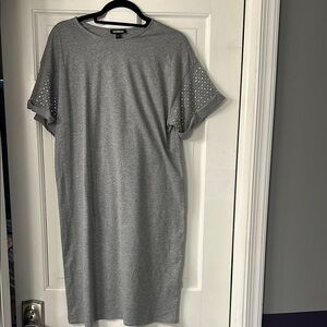 Express Gray T-Shirt Dress with Crew Neck and Embellished Sleeves